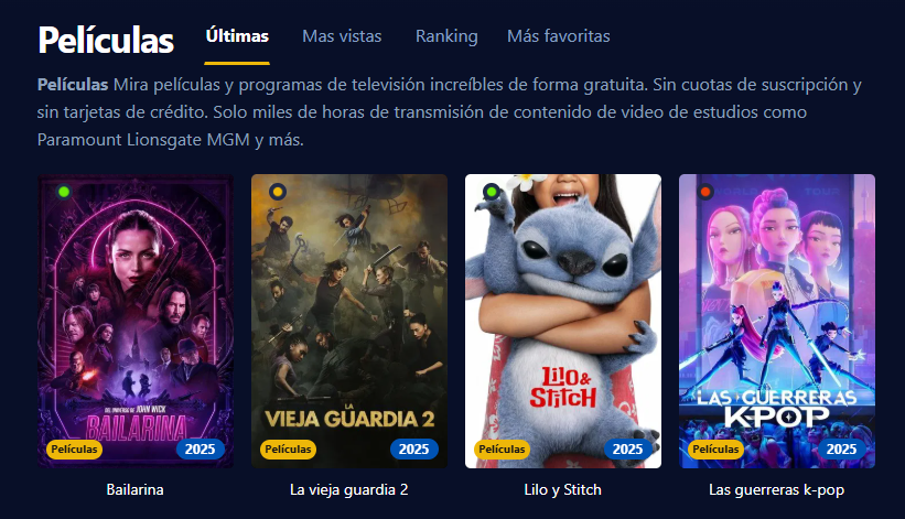 Imagen de la interfaz de Pepelisplus mostrando películas y series por categorías